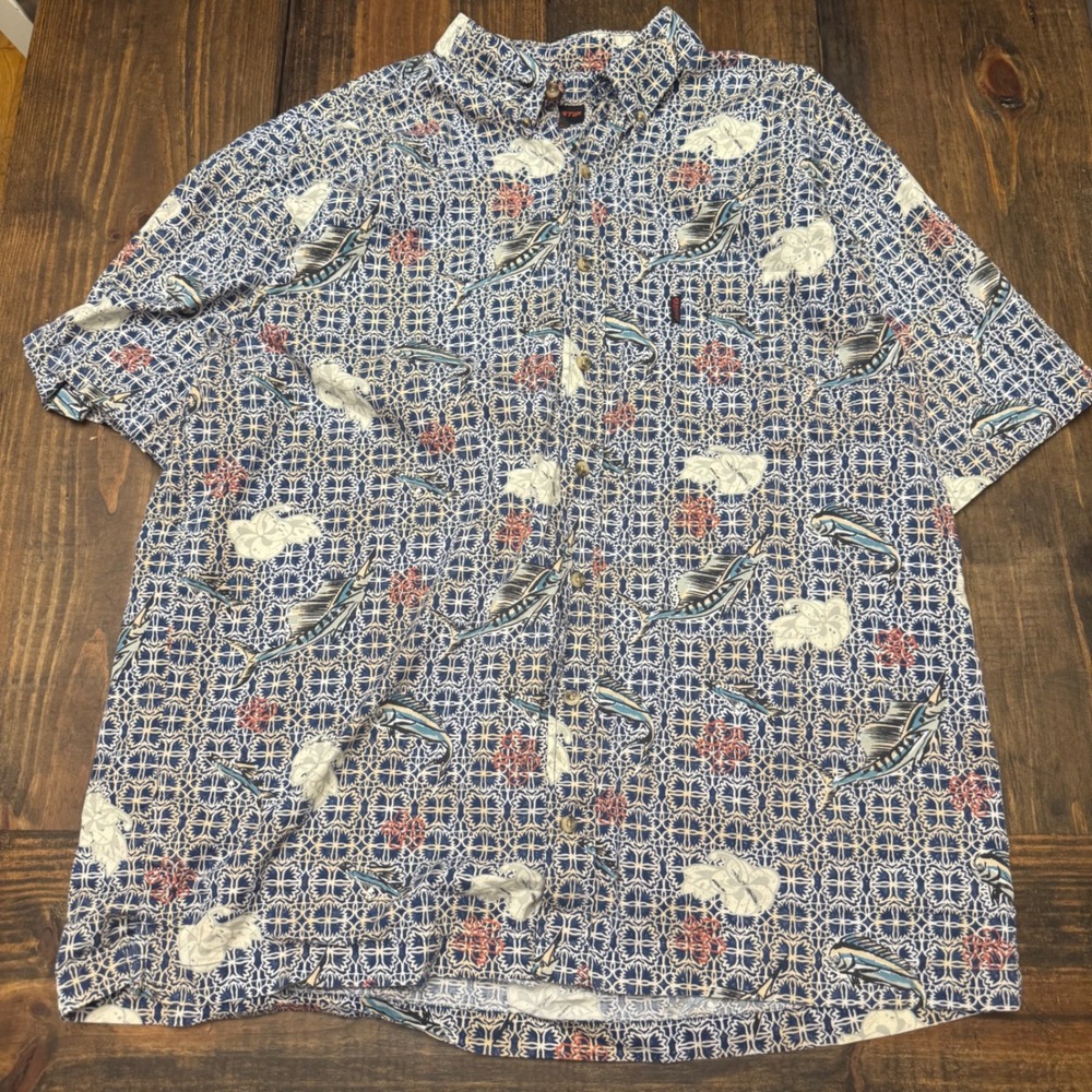 Sportif Men's Blue Marlin Fish Floral button down shirt, men's‎ XL, cotton, Vtg